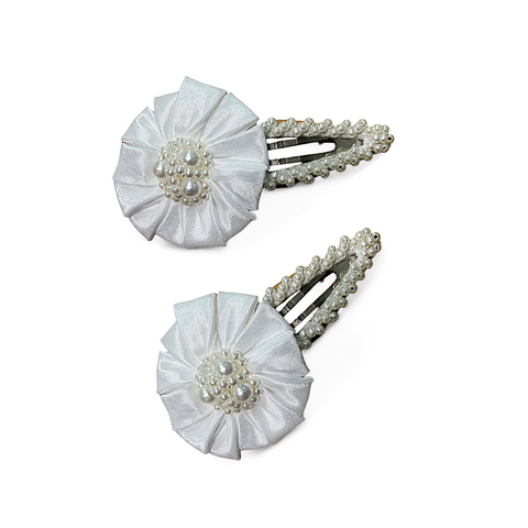 Miss Holly Clip Set by Sienna Likes to Party – handmade white satin hair clips with pearl and crystal embellishments, perfect for weddings, christenings, and flower girls