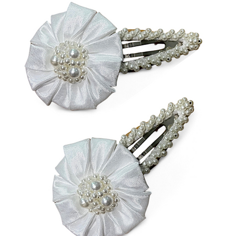 Miss Holly Clip Set by Sienna Likes to Party – handmade white satin hair clips with pearl and crystal embellishments, perfect for weddings, christenings, and flower girls