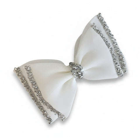 Designer White Girls Beaded Bow Hair Clip -Silver Hand Beading - The Adelia