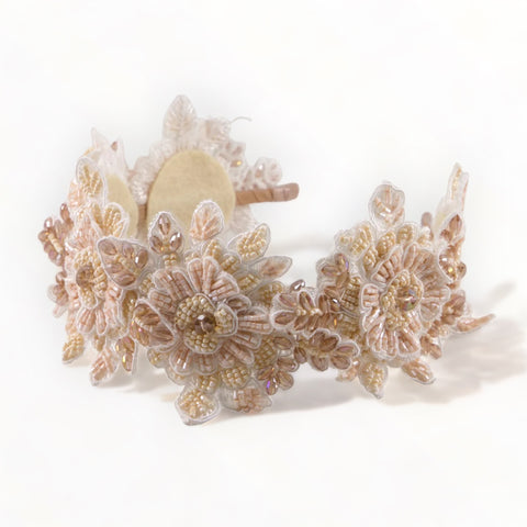 Designer edding hair accessories for kids.  a unique handbeaded flower crown in blush and white lace and crystals, perfect for flower girls