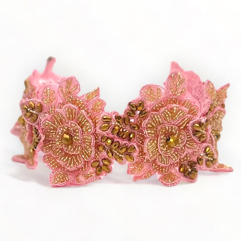 Best hand made luxury hair accessories for Children by Sienna Likes to Party.  The Hadraniel headband, in pink lace and entirely handbeaded with metalic gold crystals to create the moste elaborate sparkling bespoke flower crown for Kids Special Occasionwear.