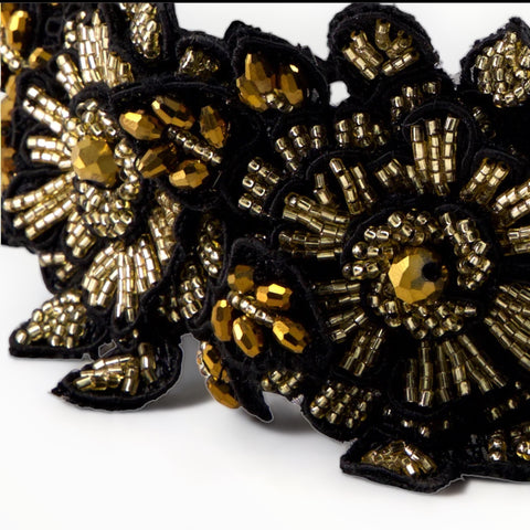 Hand enmboidered Headband for children in black and gold