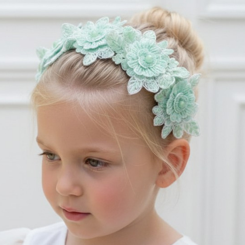 Designer girls headband hand beaded white lace embellished with pastel mint green and white crystals by Sienna Likes to Party