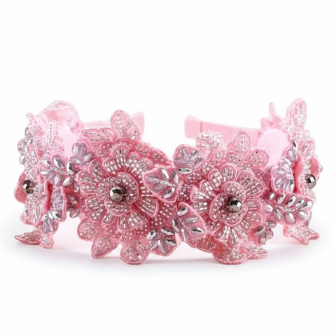Designer Girls Pink Flower Crown with metalic silver highlights.  Highly hand embelished with crystal beads on pale pink lace.  A bespoke hair accessory by Sienna Likes to Party