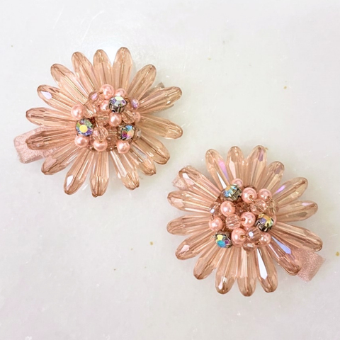 Designer blush crystal girls flower clip set with rainbow rhinestone highlights.  Entirely handmade bespoke childrens hair accessory by Sienna Likes to Party