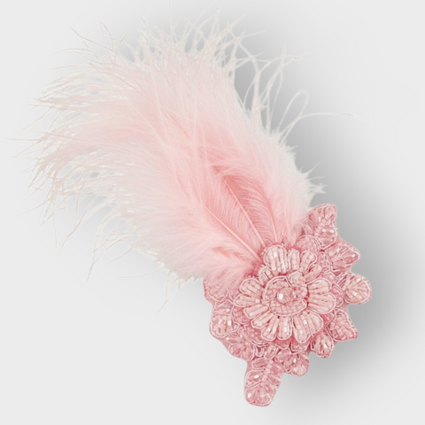 Luxury childrens handbeaded hair clip with pastel pink crystal and pearl beads and soft pink feathers - handmade by Sienna Likes to Party - Designer Childrens Special Occasion Hair Accessories