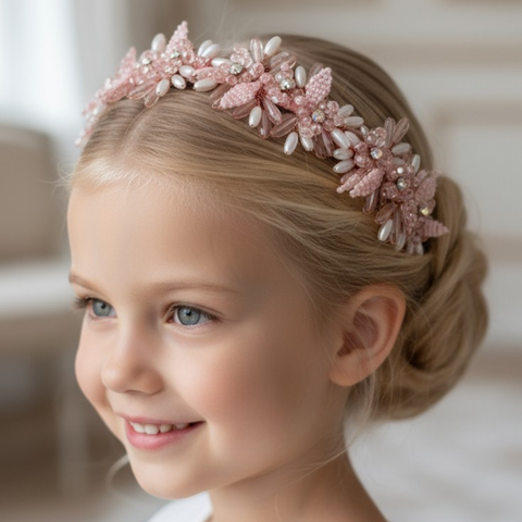 Luxury Childrens pink floral headband with crystal and pearl beads with a centre of diamante.  Perfect girls special occasionwear hair accessory