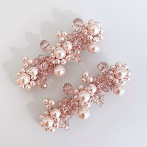 Designer Kids pink hair clip set - Hand beaded with pink pearl and cut crystal beads by Sienna likes to party - best luxury handmade hair accessories for children