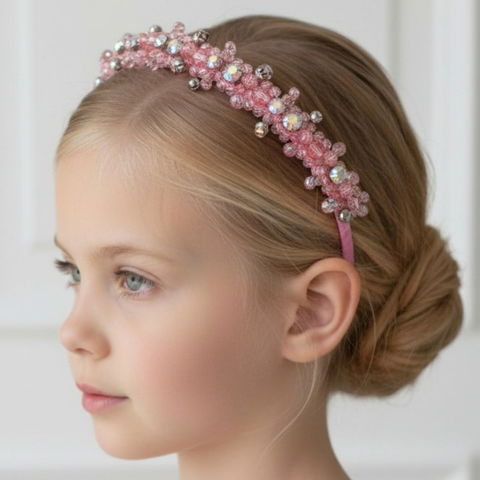Model wearing handmade pink crystal headband with rainbow rhinestones.  Designed by Sienna Likes to Party - Luxury accessories for the mini princess.
