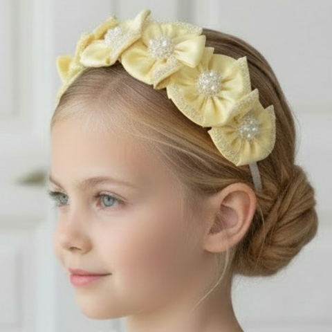 Lemon Flower Crown for Girls – Handmade Luxury Yellow Satin Headband for Birthdays & Special Occasions