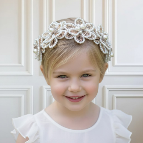 Designer Flower girl headband uniquely handmade in blush crystals and ivory pearls