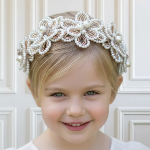 Girls soft blush and Ivory pearl and crystal flower crown perfect for flower girls