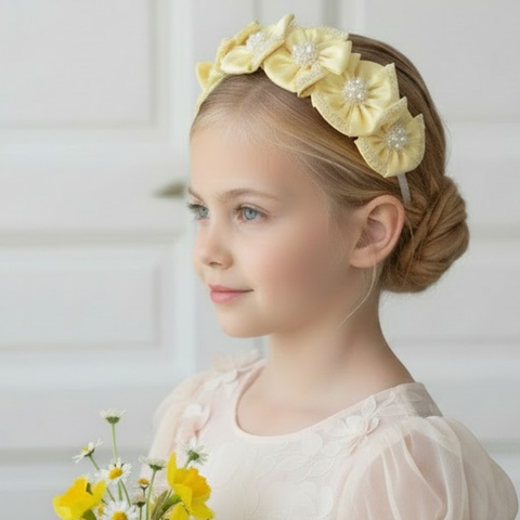 Lemon Flower Crown for Girls – Handmade Luxury Yellow Satin Headband for Birthdays & Special Occasions