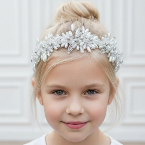 Designer white beaded flower headband perfect for bridal or communion.  Handmade by Sienna likes to party