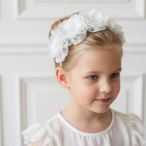 Young girl wearing a white floral headband handmade perfect for communions and flower girls