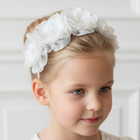 Designer white satin flower headband with pearl and crystal hand beaded centers by Sienna Likes to Party - Luxury hair accessories for children