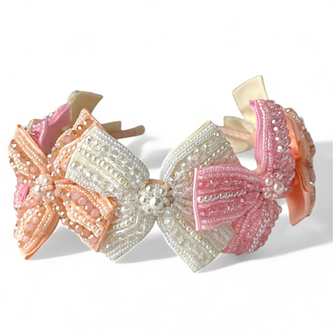 Designer Handmade hair bow headband with hand beaded pastel bows