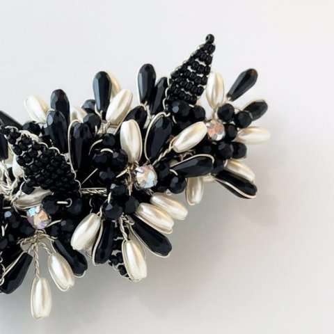 Designer Kids Hair Clip - Black and white crystal and pearl flower barette handmade by Saffron and Selene - best luxury childrens hair accessories
