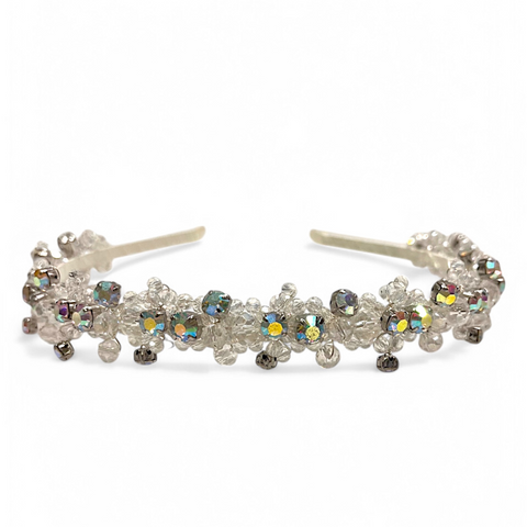 The Andrea headband is a luxury kids white crystal headband that is encrusted with rainbow diamantes.   Perfect flower girl, communion or childs special occasion  tiara, with ultimate handmade sparkle.
