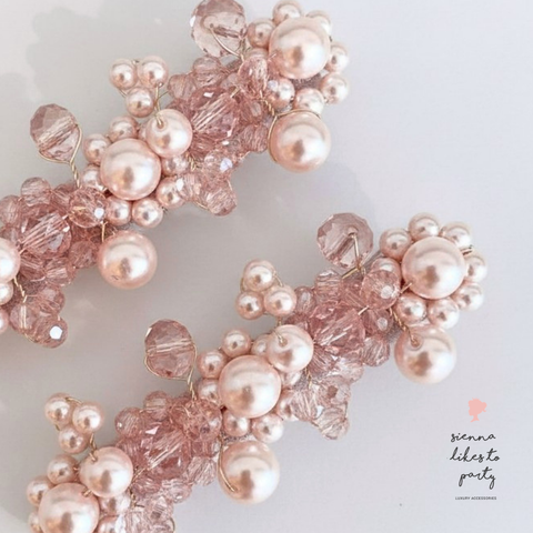 Close up of girls pink hair clip set - luxury individually handmade with pink pearl and crystal beads, by Sienna Likes to Party Designer hair accessories for children