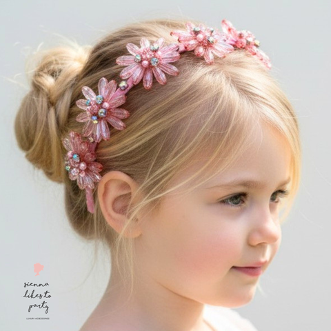 luxury pink flower girl headband with diamante sparkle detailing