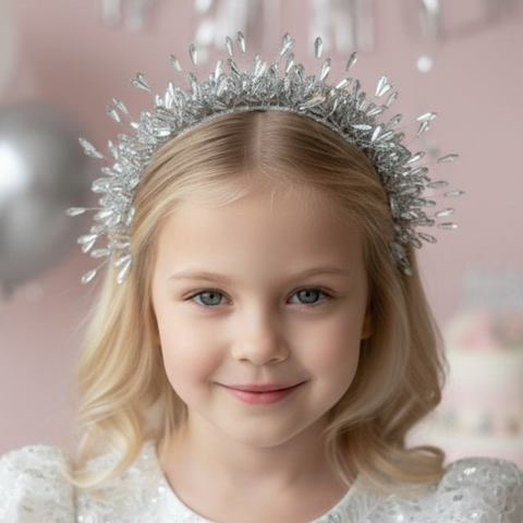 Girls silver crystal crown headband for flower girls weddings and birthdays