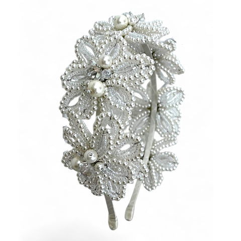 Best designer girls flower pearl headband. Handcrafted ivory flower crown headband with pearl and crystal embellishments, ideal for flower girls and special occasions.