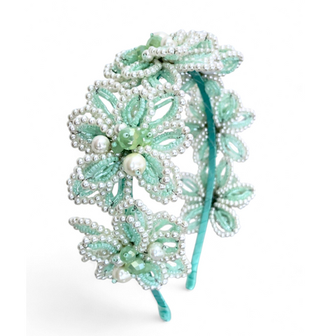 Designer Girls Flower Pearl Headband in mint green