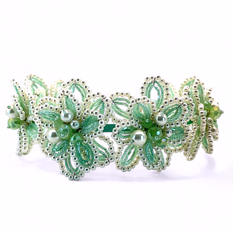 From the largest collection of Handmade hair accessories for girls, the flora kids headband in white and mint green, is the perfect flower crown for flower girls and special occasions  Made from pearl and crystal beads