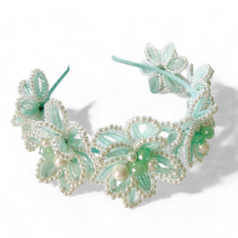 Luxury Girls pearl flower headband - mint green and pearl