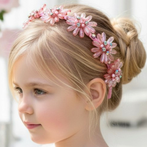 handmade pink flower headband for girls with crystal and diamante detail