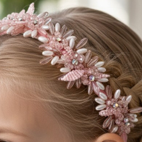 Close-up of a flowergirl wearing a luxury handmade pink headband with floral crystal and pearl detailing with added diamantes.