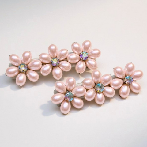 Luxury handmade pink pearl flower hair clips for girls with rainbow crystal centres for flower girls and weddings