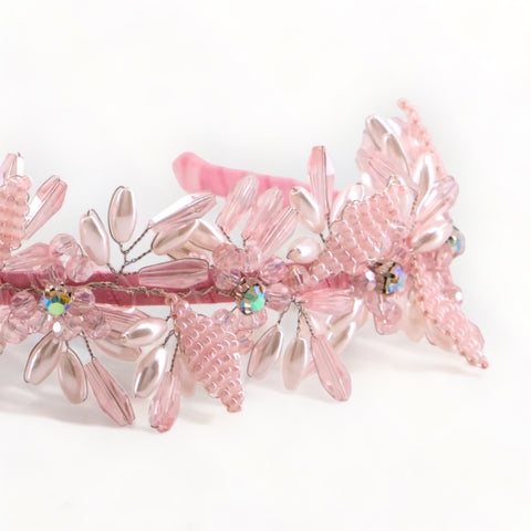 Pink Flower Crown for flower girls, handmade with crystals, pearls and diamantes.