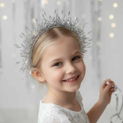 Bespoke silver crystal girls headband with couture princess crown styling