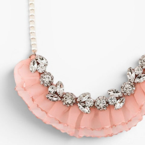 Bespoke Diamante Necklace for Girls by Sienna Likes to Party.  Handmade with blush ruffled chiffon and on a string of pearl beads.  Fully adjustable clasp.  Worldwide shipping.