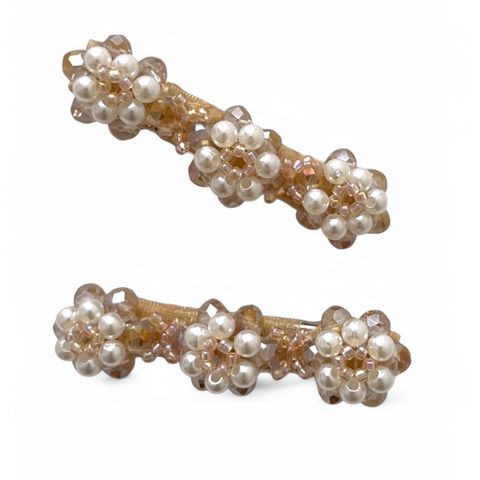 The Mia Hair Clip Set is handcreafted with different sized quality blush crystals and pearls and highlighted .  The Perfect childs hair Accessory set for special occasionwear, kids birthday parties, weddings and flower girls