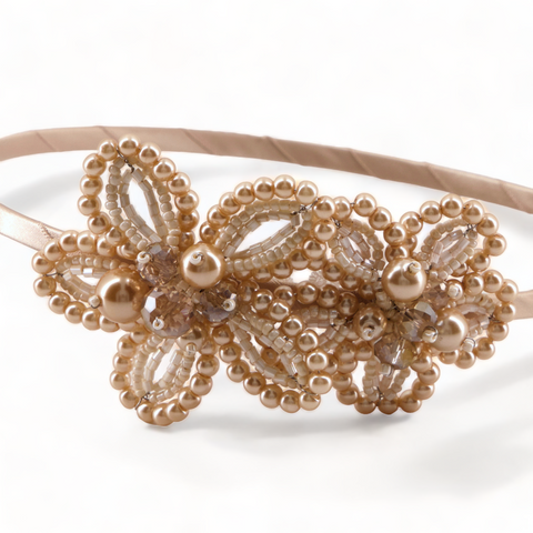 Buy the most unique, bespoke and handmade bridal accessories especially for flower girls.  Each flower on this kids headband is hand threaded with blush pearl and crystal beads by Sienna Likes to Party - Luxury Hairbands for Children