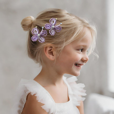 Designer childrens hair clip set, handmade with purple and lilac cut crystals and rainbow diamantes by Sienna Likes to Party