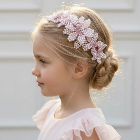 Bespoke girls pink headband, hand beaded with pink pearls and crystals by Sienna Likes to Party