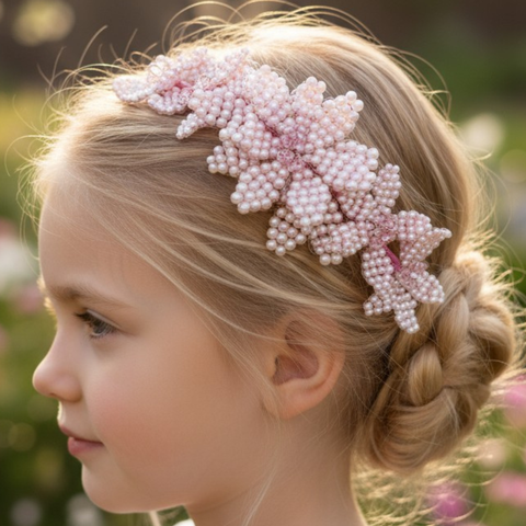 Buy handmade designer bespoke flower crown, hand beaded with pink pearls and crytals, perfect for flower girls and childrens special occasionwear parties.