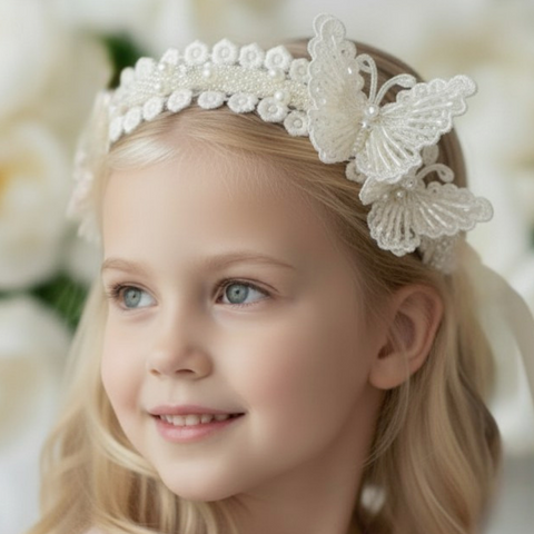 Handmade cream butterfly hair garland for flower girls by Sienna Likes to Party