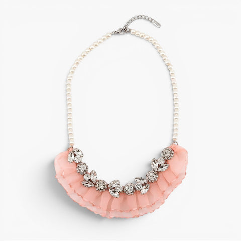 Luxury handmade blush chiffon and diamante necklace on a strand of pearl beads.  Uniquely designed and created by Sienna Like to Party, Luxury Accessories for Children.  Worldwide shipping