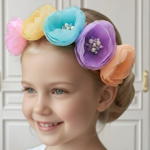 Designer Childrens Flower Crown in multi colored chiffon flowers centred with pearls and diamantes for special occasionwear and flower girls