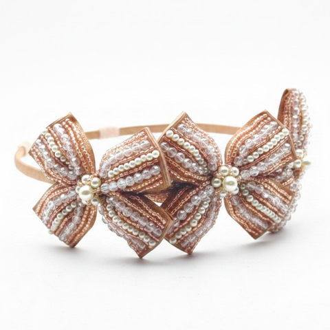 Handmade Bow Head band for girls in blush pettersham fabric, and hand beaded with pearls and crystals - perfect for flower girls, and kids special occasionwear.