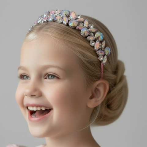 Handmade designer childrens tiara crown with rainbow faceted rhinestones