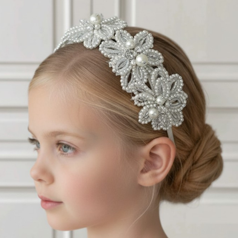 Girls Ivory Flower Crown – Handcrafted Pearl & Crystal Headband for Special Occasions