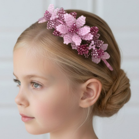 Handmade designer pink hand beaded headband for flower girls and childrens special occasionwear. Designed and handbeaded by Sienna Likes to Party