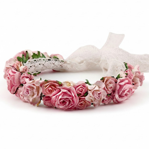Side view of the pink Rose Bud rose flower crown showing the full halo