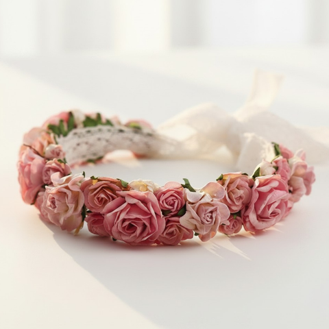 Handmade pink paper-rose halo crown for weddings and special occasions
